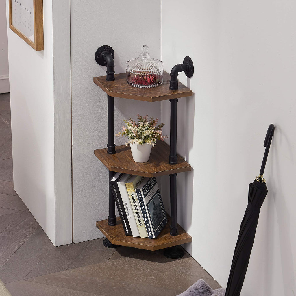 5-Tier Bookcase with Storage, Wall Mount Pipe Bookshelf with Solid Wood Bedroom Home Office (Rustic Brown)