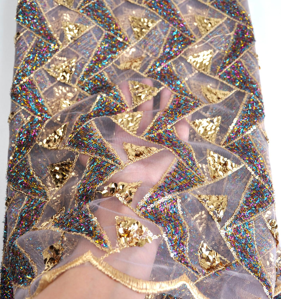 African Fabric Sequins Rope Embroidered Net Fabrics Geometric Pattern Base Fabric Color (Gray) for Party Dress 5 Yards