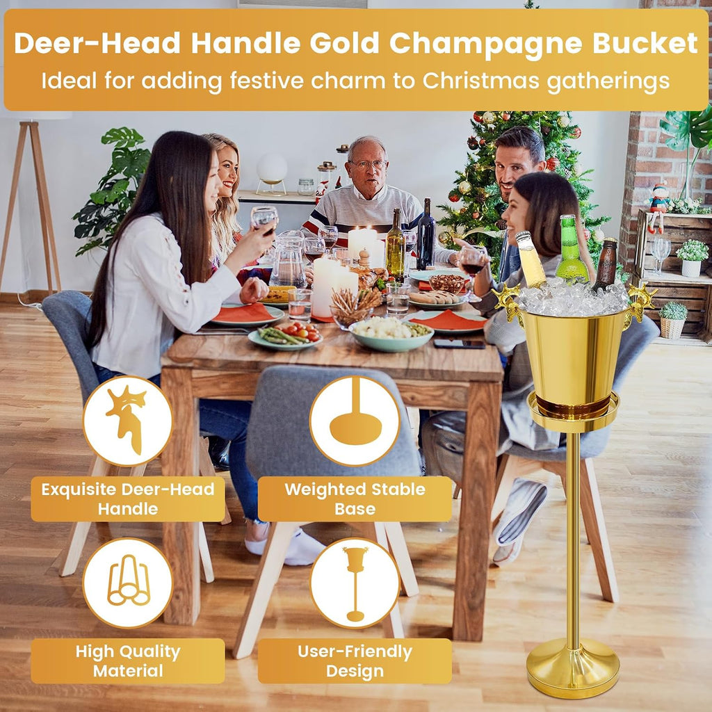 Ice Bucket with Stand,Gold Stainless Steel Champagne Ice Bucket,Deer Head Handle Wine Chiller Bucket for Christmas