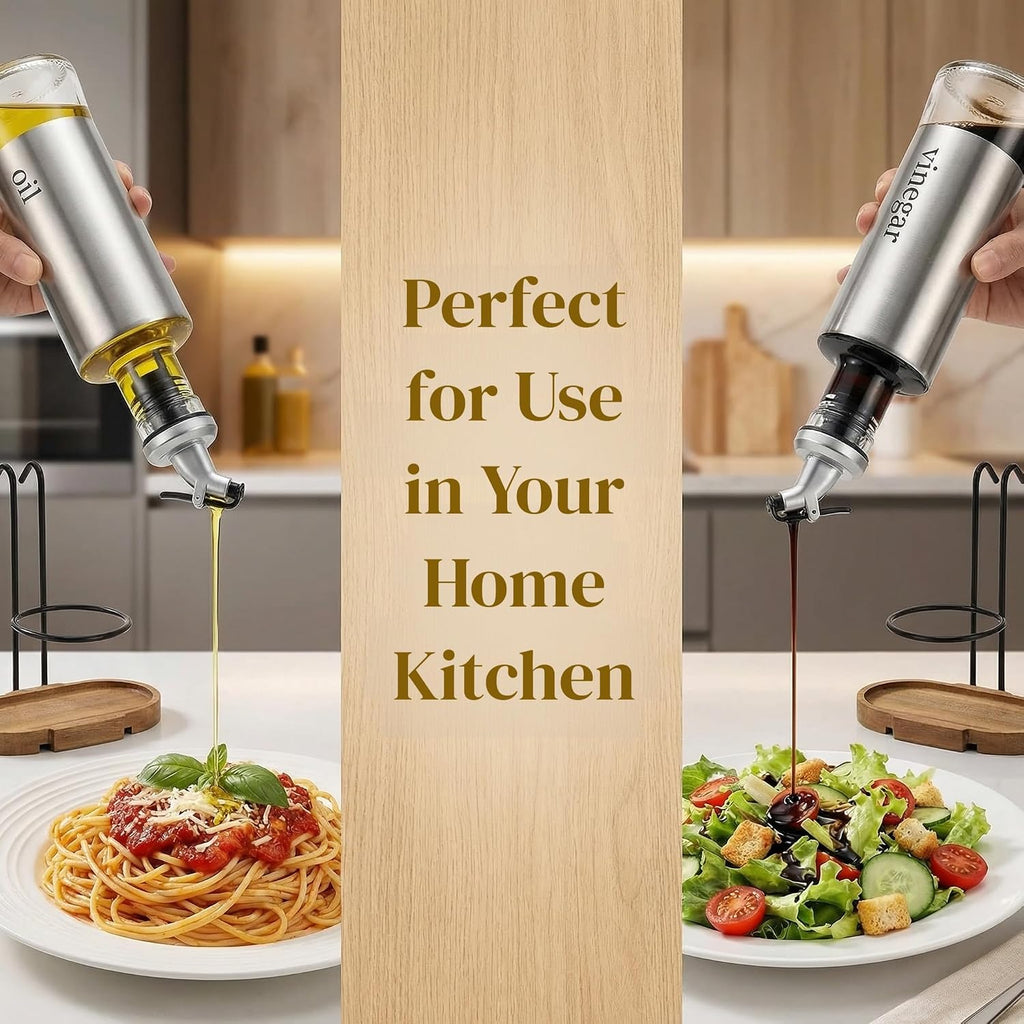 Olive Oil and Vinegar Bottle Set with Rack and Wooden Base, 10OZ Olive Dispenser Glass Cooking Oil Cruet - Set of 2