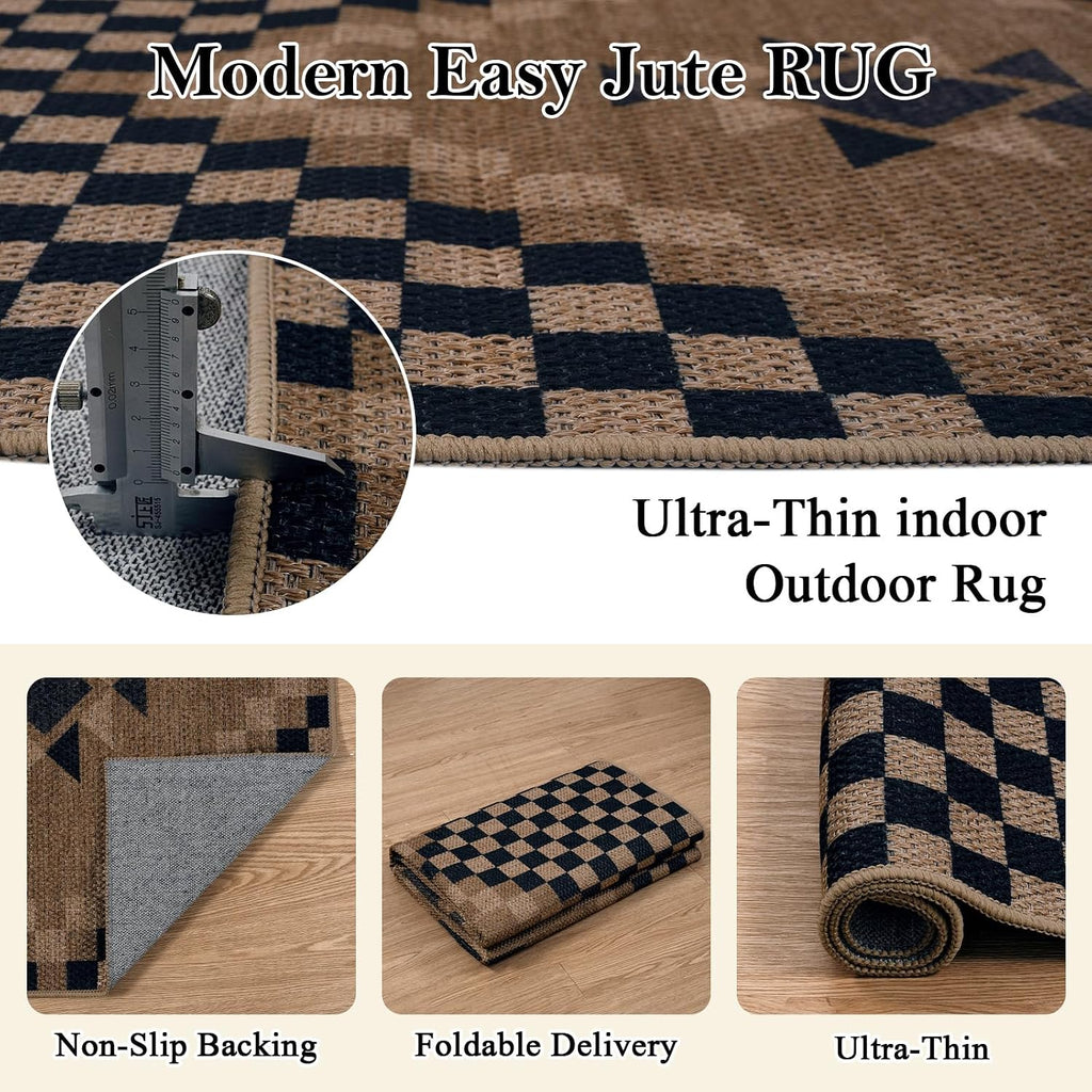 Easy Jute Runner Rugs 2x10, Non Slip Washable Rug Runner, Checkered Extra Long Rugs s, Ultra Thin Farmhouse Kitchen