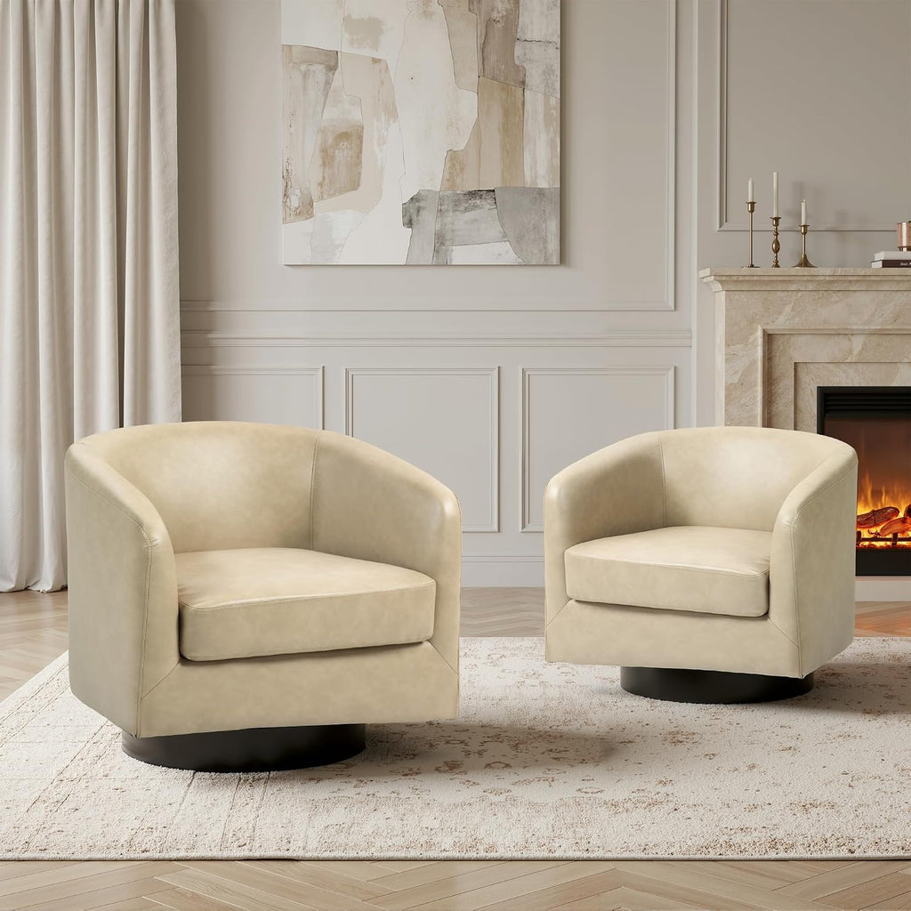 Faux Leather Swivel Accent Chair, Barrel Club Armchair, Cream