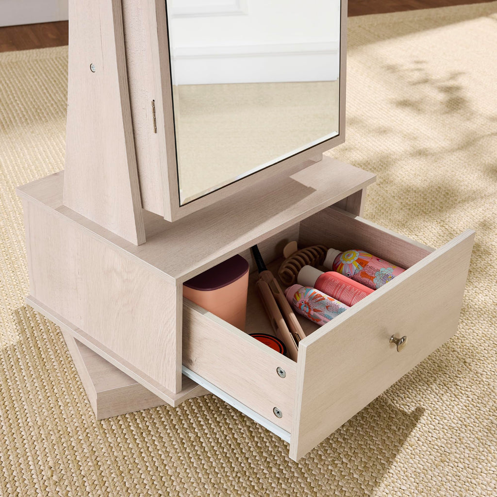 360 Swivel Mirrored Jewelry Cabinet, Standing Armoire, Makeup Storage Organizer, w/LED-lit Mirror, 3 Shelves