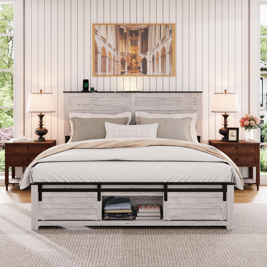 Wooden Bed Frame with Headboard, Boho Storage Bedframe with Sliding Barn Door Footboard and Charging