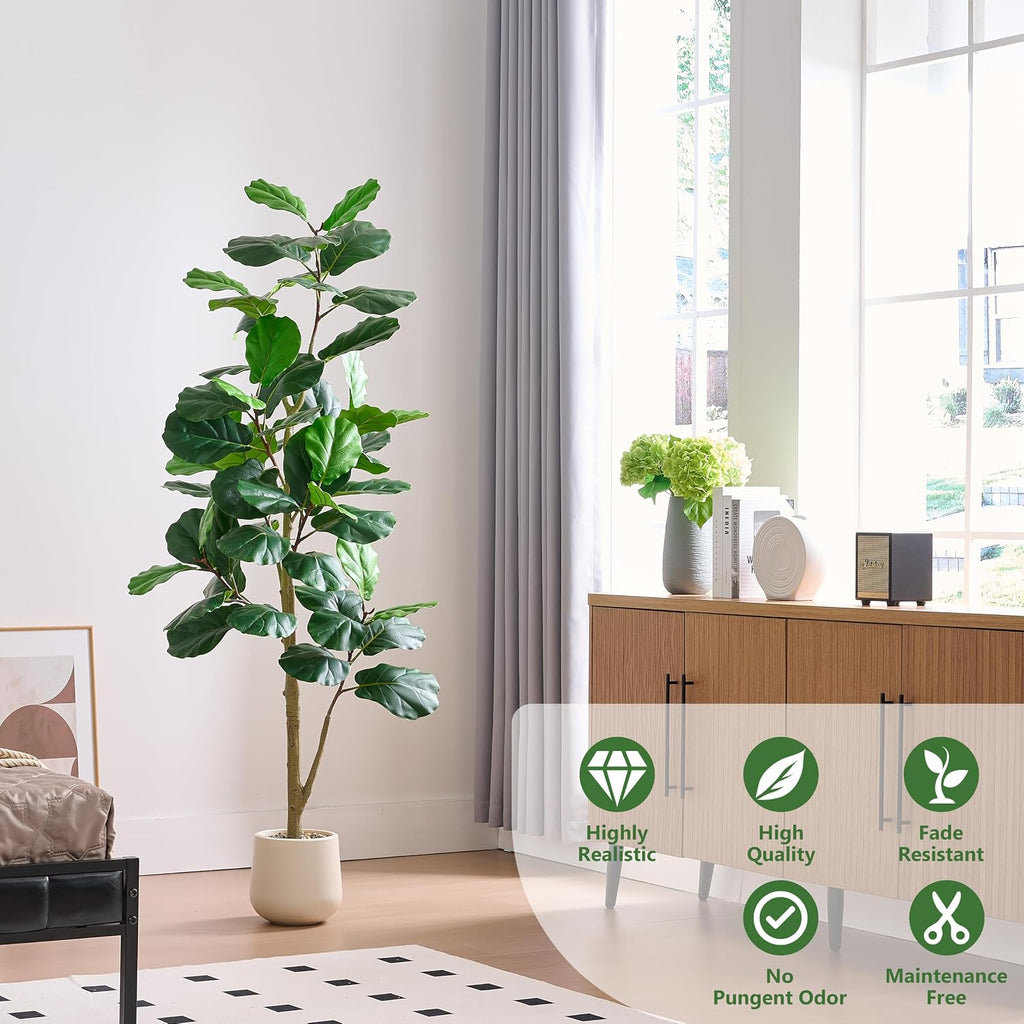 Artificial Fiddle Leaf Fig Tree 6FT, 72 Inch Tall Faux Ficus Lyrata Fake Floor Plant with White Planter & Pebbles