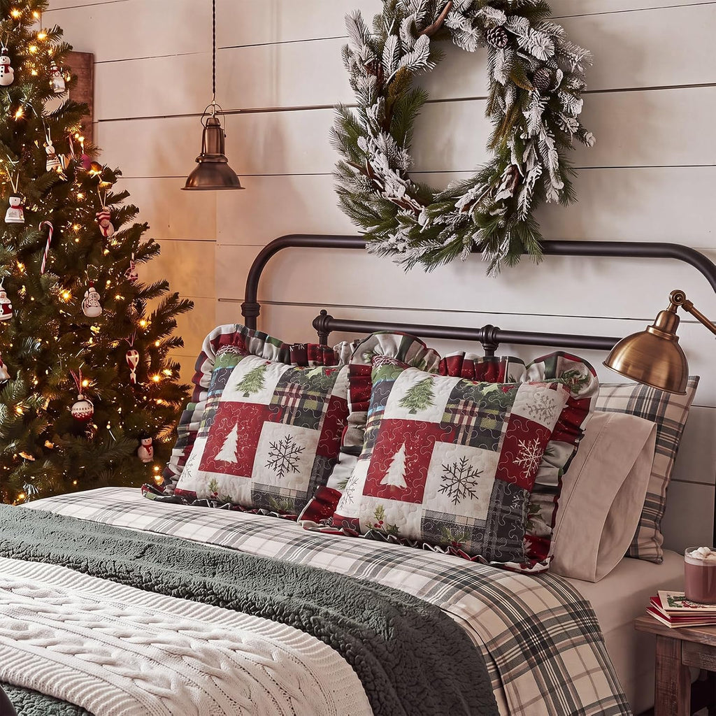Christmas Tree Quilted Pillow Covers 18 x 18 Inch Farmhouse - Set of 2