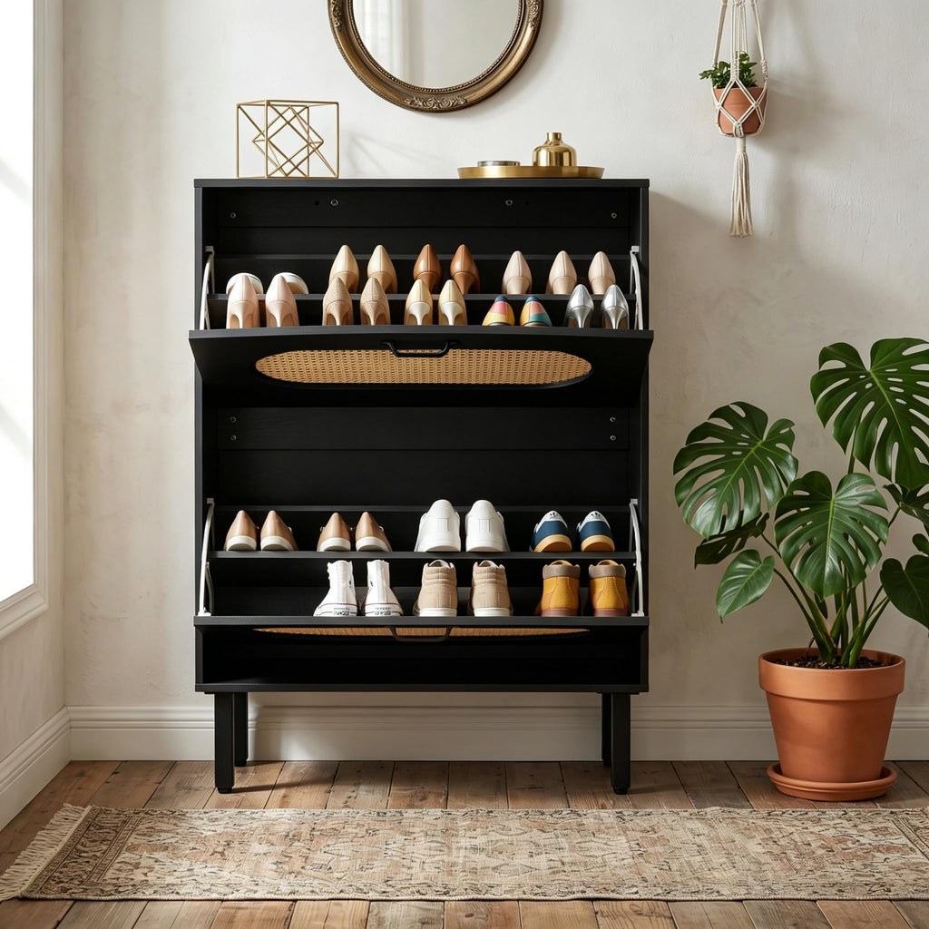 Shoe Storage Cabinet with 2 Flip Drawers, Freestanding Narrow Shoe Rack Organizer, Natural Semi-Circular Rattan