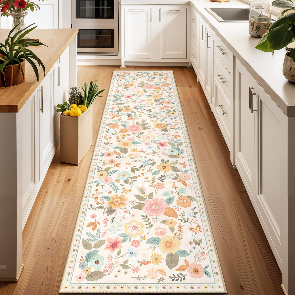 Floral Washable Area Rugs Runner Entryway Hallway Beige/White/Orange