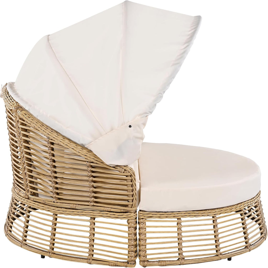 Outdoor Patio Round Daybed, Sun Bed with Adjustable Backrests and Foldable Cup Trays, Reclining Outdoor Lounger