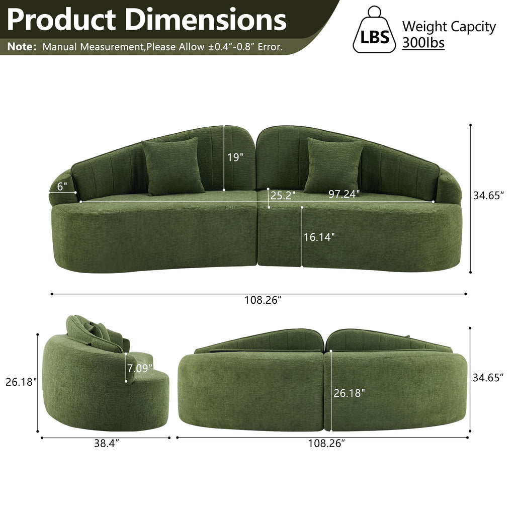 108"Curved Sectional Sofa, Deep Seat Green Couch with 2 High Back