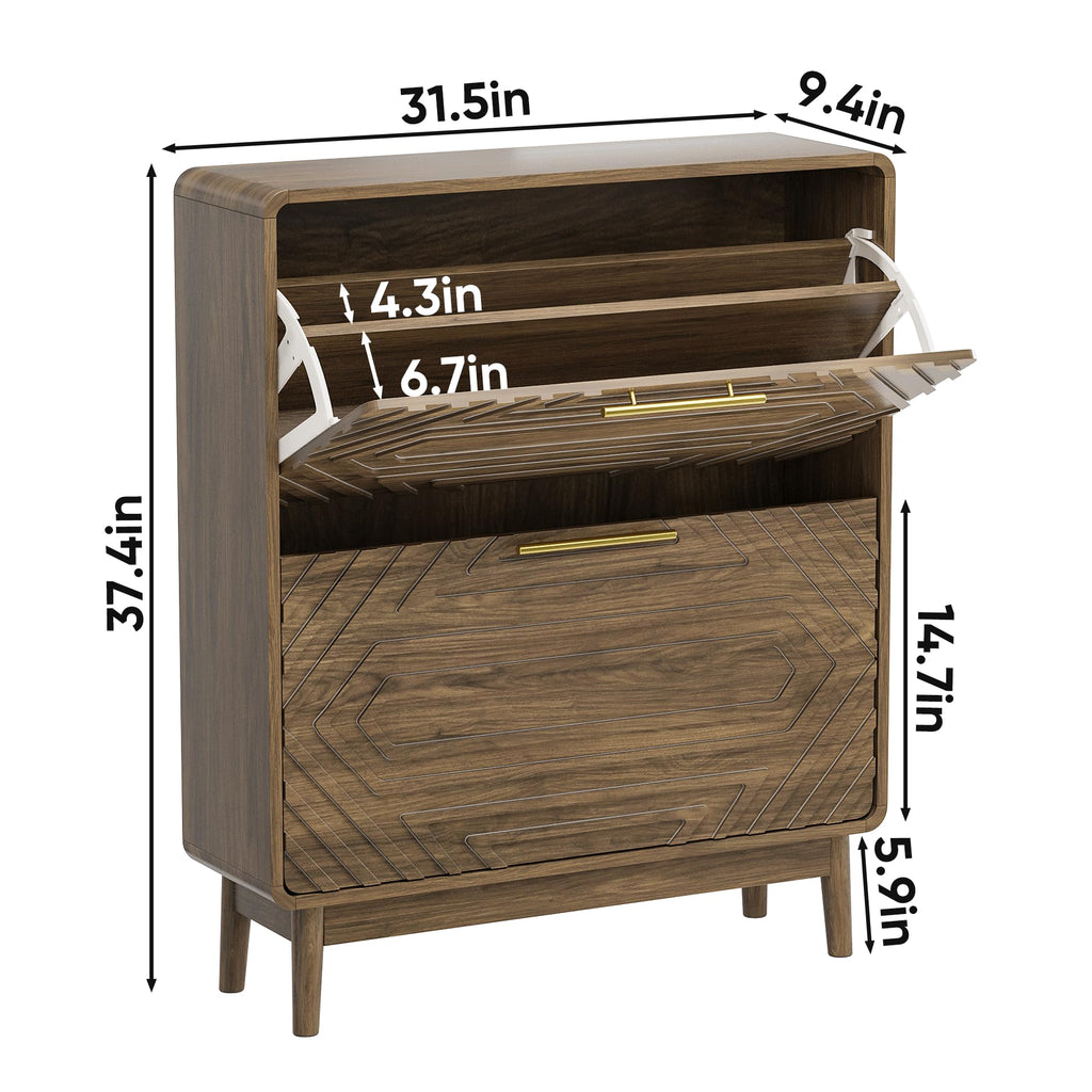 Shoe Cabinet with Fluted Flip Drawers, 31.5" w Narrow Shoe Storage Cabinet, Hidden Freestanding Shoe Organizer Rack