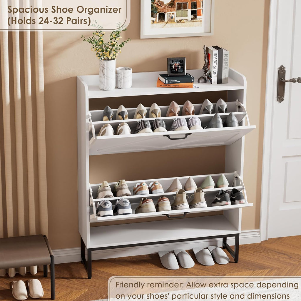 Shoe Storage Cabinet with 2 Flip Drawers, Freestanding Shoe Organizer, Shoe Cabinet with Metal Legs, Narrow Shoe Rack