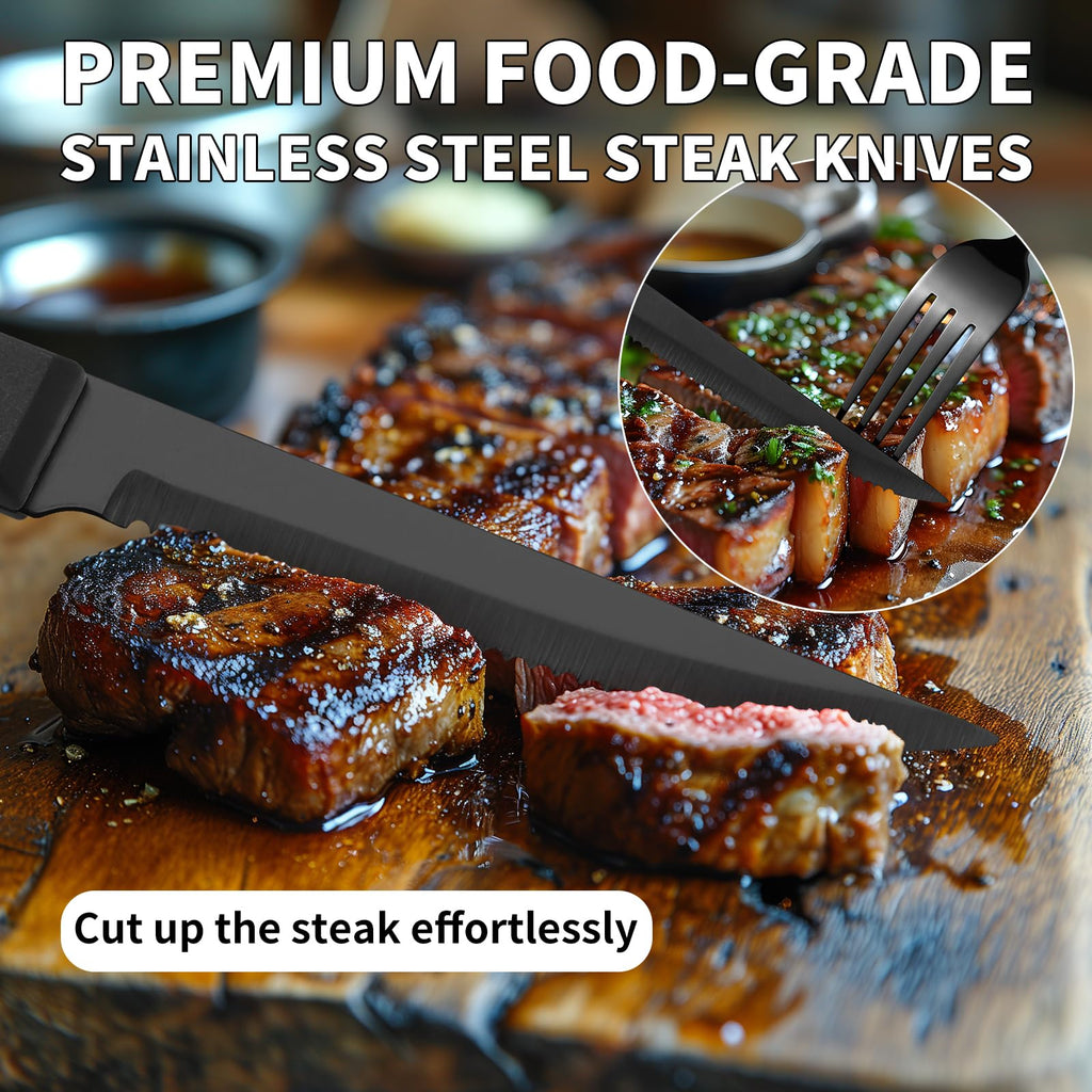 Black Silverware Set for 8 with Steak Knives, Stainless Steel Flatware Set, 18/8 Food Grade Cutlery Set