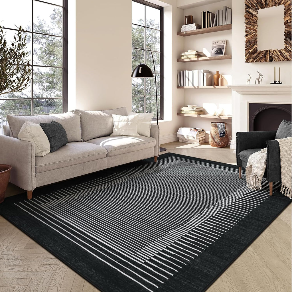 Washable Striped Washable Area Rug, Non-Slip Black Berber Stripe Rugs, Low Pile Minimalist Floor Carpet Rugs