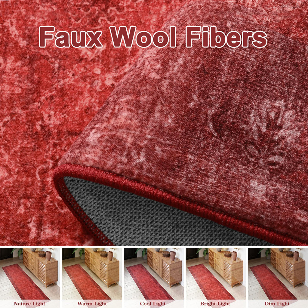 Red Kitchen Runner Rugs Non Skid Washable, Long Hallway Runner Rug 8 Ft, Ultra-Thin Vintage Red Carpet Runner