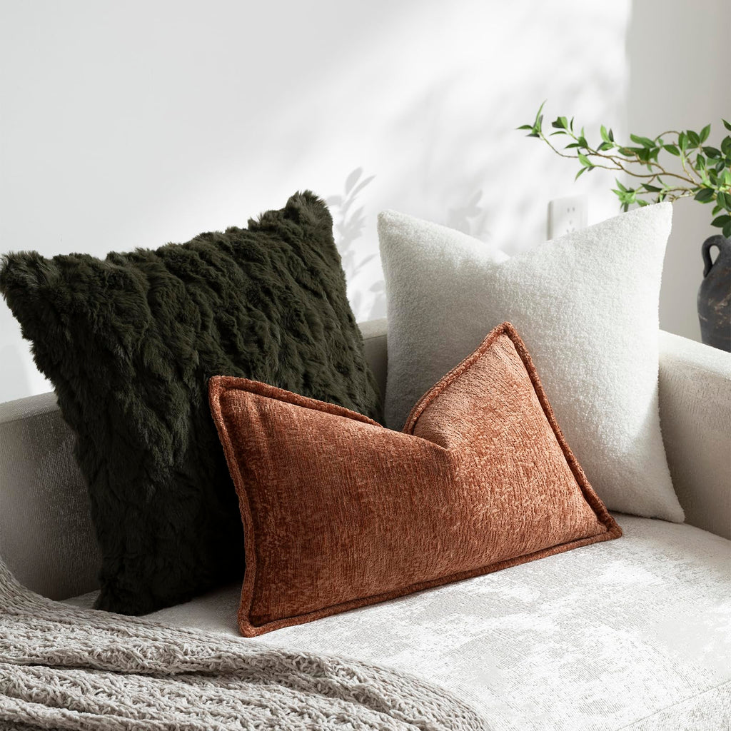 Pack of 2 Burnt Orange Fall Decorative Throw Pillow Covers 12x20 Cozy Soft Chenille Accent Vintage Rectangular Lumbar