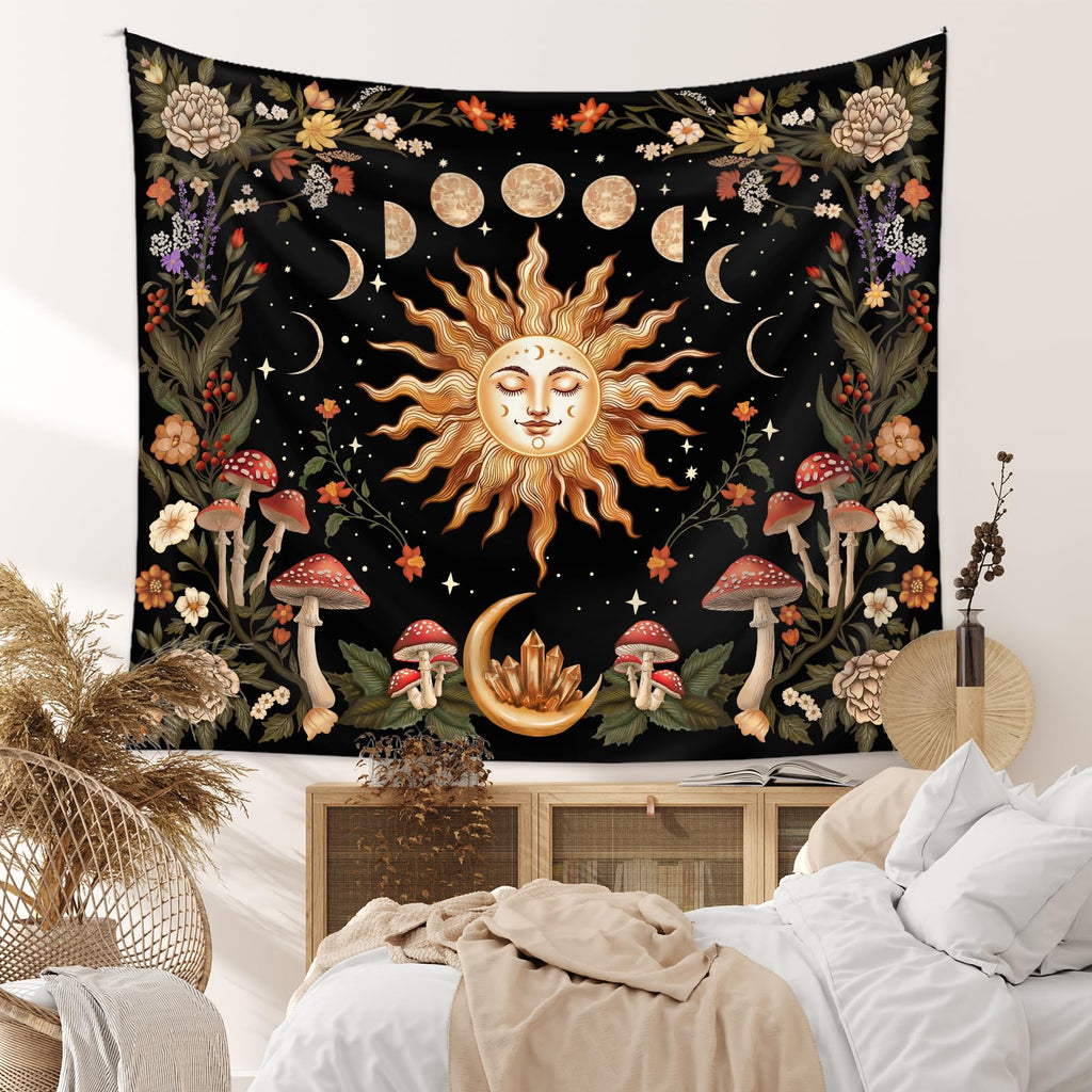 Burning Sun Wall Tapestry Moon Phase Tapestry Wall Hanging Witchy Room Decor Botanical Flowers Tapestries Aesthetic