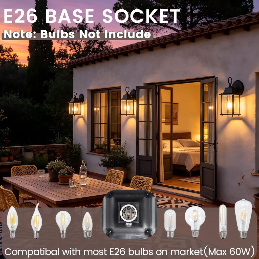 8.2" Outdoor Porch Light E26 Aluminum Glass Black, 2 Pack
