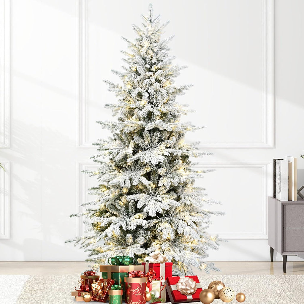 Prelit Flocked Christmas Tree with Fluffy Tips & 9 Lighting Modes