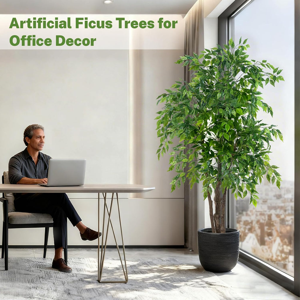 Ficus Tree Artificial with Triple Trunks, 5.5ft Fake Ficus Tree in Black Pot, Tall Artificial Tree Potted Plant