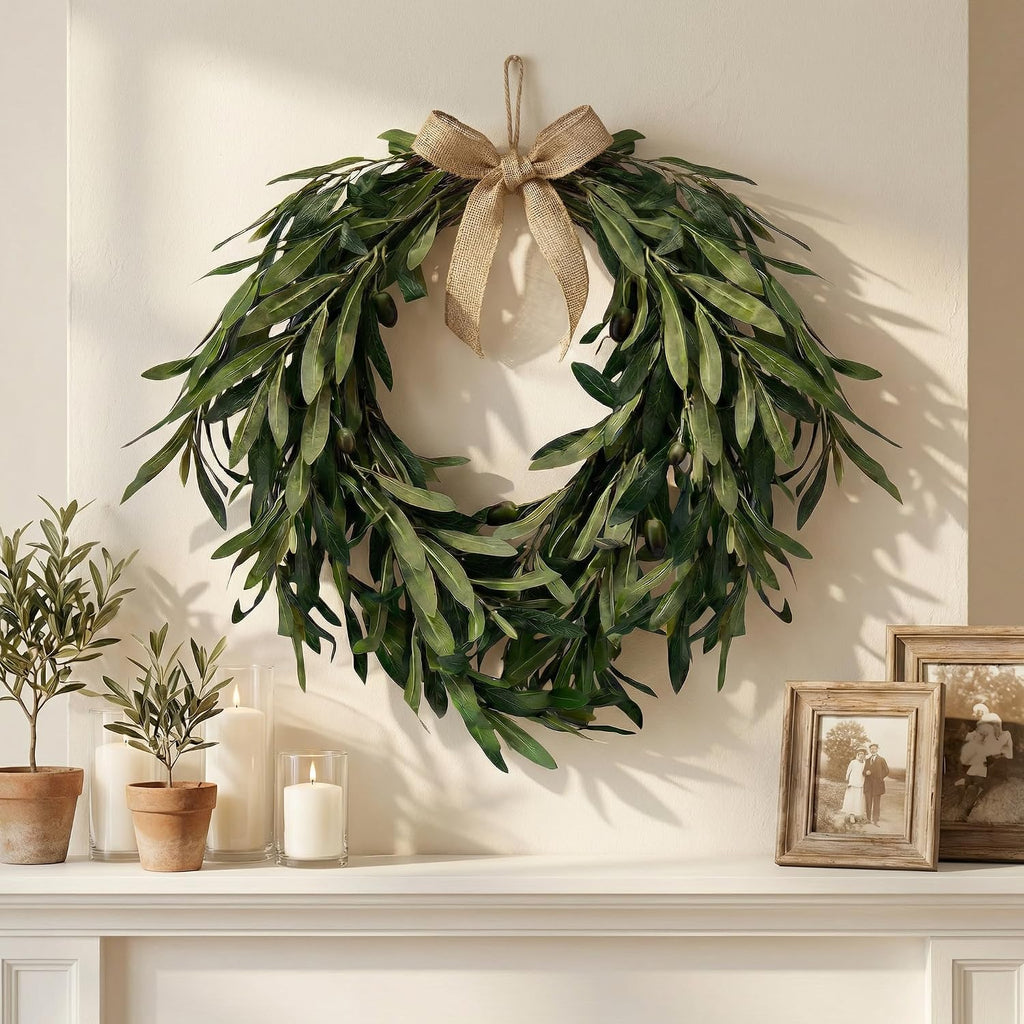16" Heart Shaped Artificial Olive Leaf & Fruit Wreath - Realistic Green Olive Branches with Spring Floral Accents