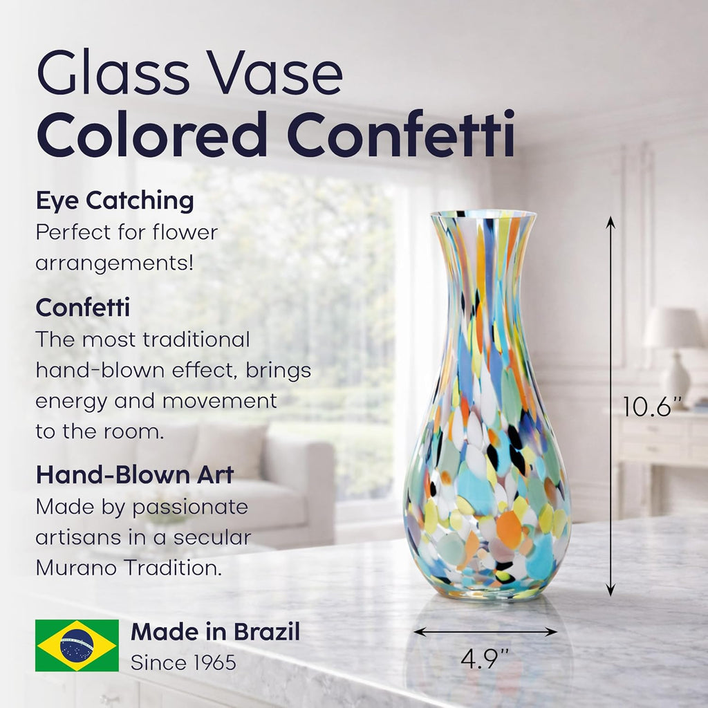 Murano Style Art Glass Vase Hand Blown Colorful Confetti Effect Home Decor | Hand Blown Glass Vase, Decorative Table