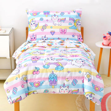 Toddler Bedding Sets for Girls,4 Pieces Cat Rainbow Printed