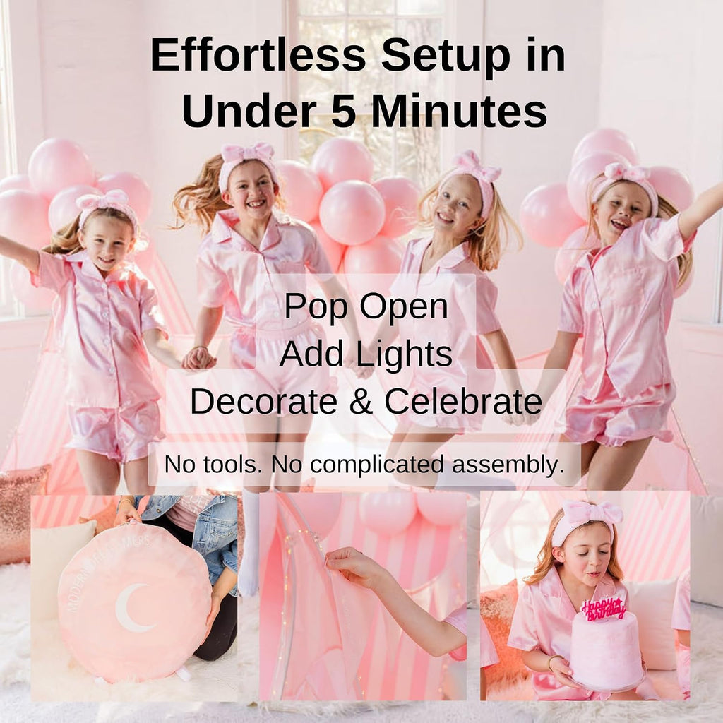 Patented Sleepover Tent Kit for Girls - Pop-Up Teepee with Fairy Lights, Bunting, Balloons & Dream Keeper | Birthday
