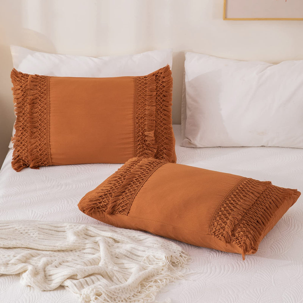 Rust Tassel Pillowcases, Burnt Orange Boho Pillow Cases Set of 2, 100% Washed Microfiber, Boho Hand-Made Tassel