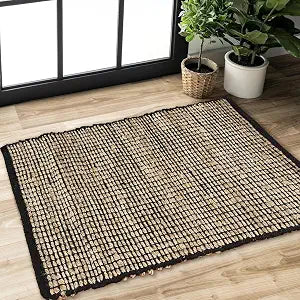 2x3 Jute Cotton Hand Woven Rug | Braided Doormat, Boho, Rustic, Natural Jute/Black | Farmhouse Vintage Area Rugs, and