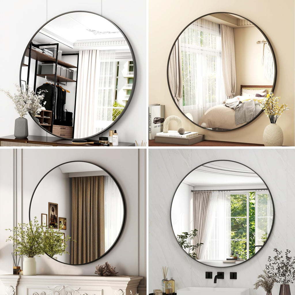 42 Inch Round Bathroom Mirror - Black Wall Mounted Circle Mirror with Metal Frame, Modern Round Hanging Mirror