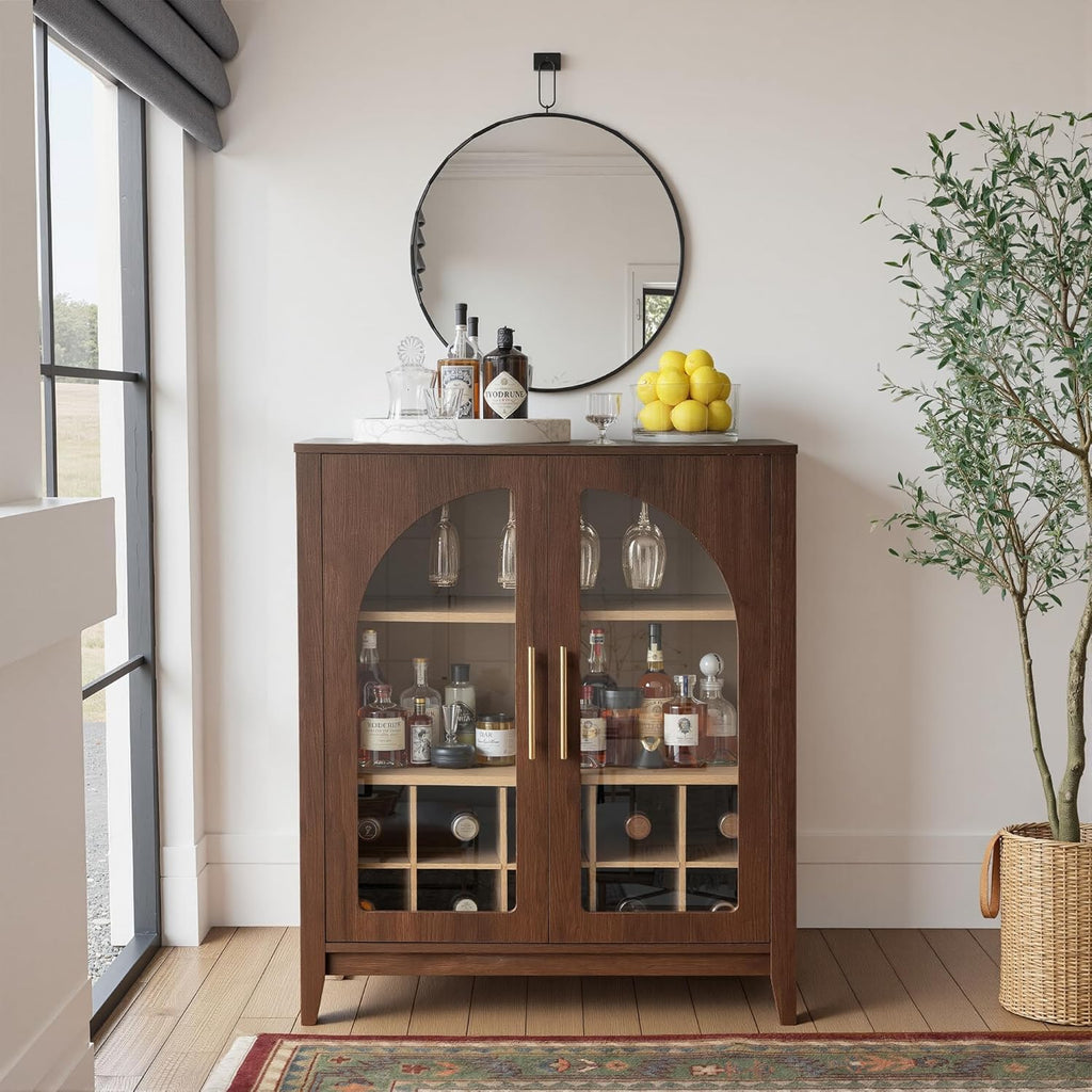 31.5" Coffee Bar Cabinet with Glass Doors, Arched Doors, Walnut | Mid Century Modern Sideboard with Wine Rack & Glass