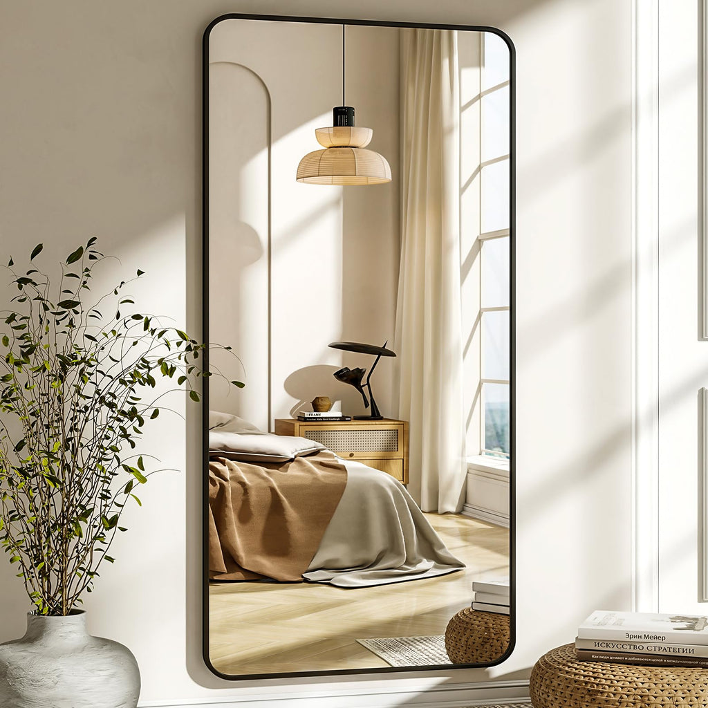 76"x34" Floor Full Length Mirror Standing Full Body Rounded Corner Rectangle Mirrors with Stand Hanging Wall Mounted