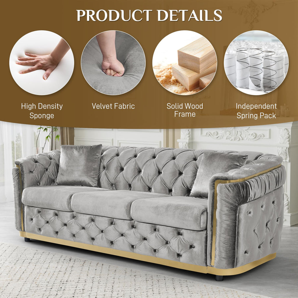 84.6" Chesterfield Sofa with Tufted Back and Gold Accents, Grey