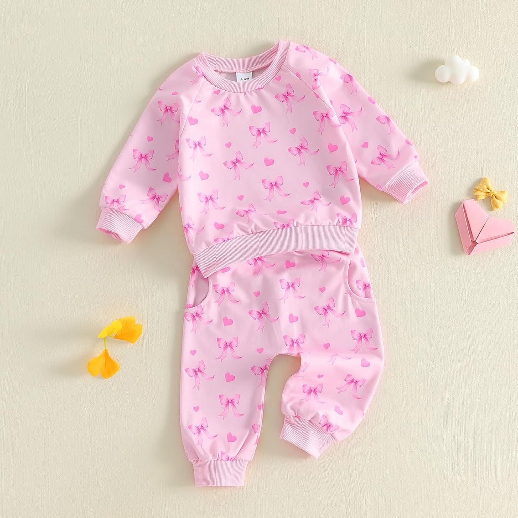 Toddler Baby Girl Outfit Clothes Fall Winter Bows Hearts Long Sleeve Sweatshirt Pullover Top and Pants Set