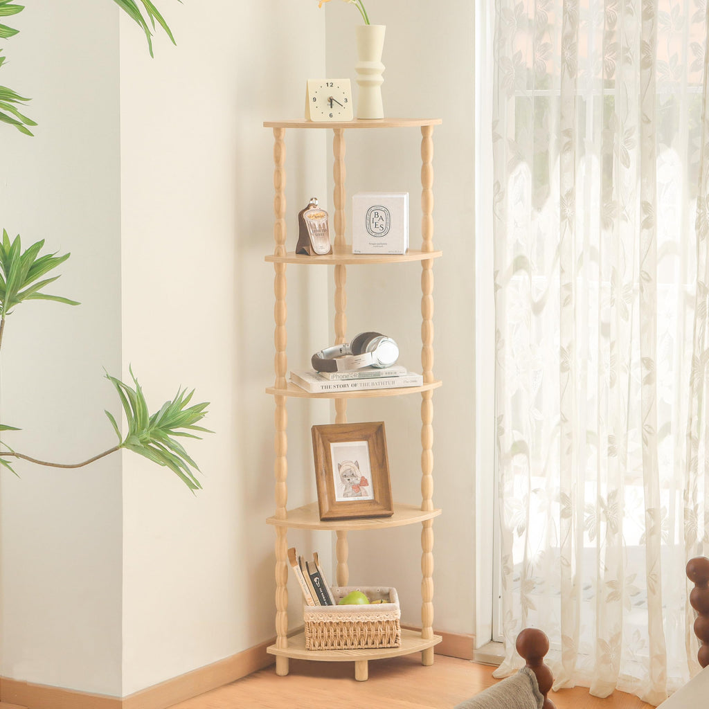 Corner Shelf, 5-Tier Corner Bookshelf for Small Spaces, Stylish Corner Storage Display Shelves (Natural)
