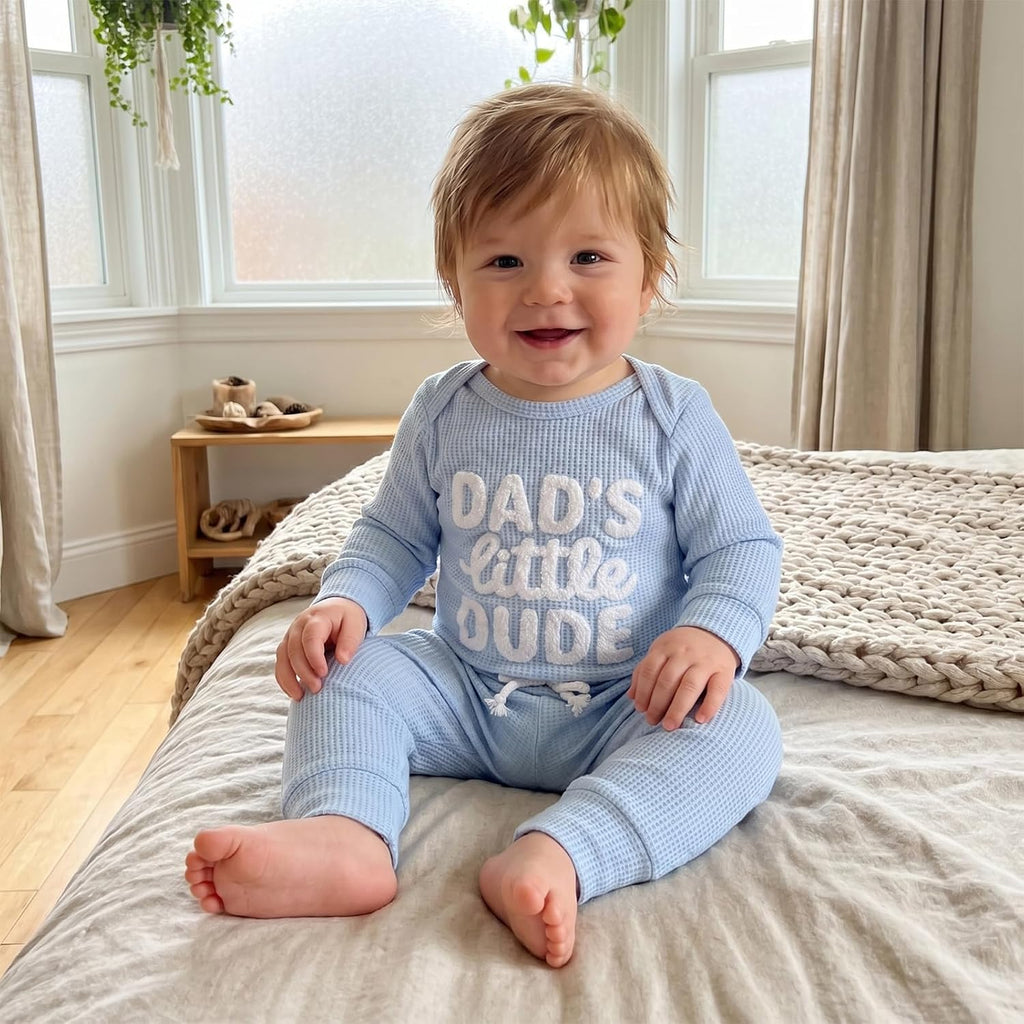 Waffle Knit Baby Boy Clothes Letters Embroidered Romper Pants Set