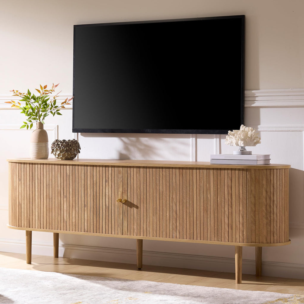 70" Mid-Century Modern Fluted TV Stand with Storage, Natural Oak
