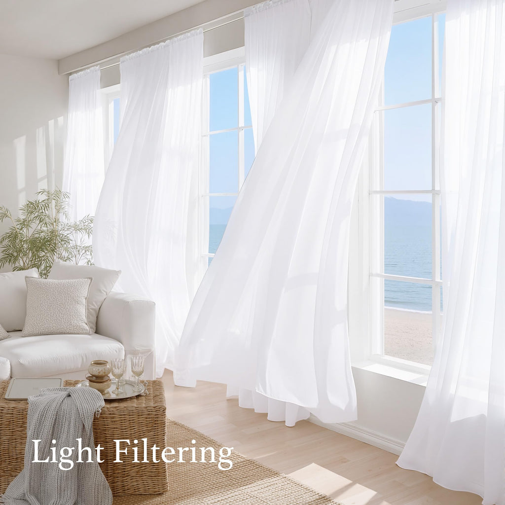 White Sheer Curtains 120 inches Long 4 Panels, 42 inch Wide Rod Pocket Light Filtering Drapes Translucent Modern