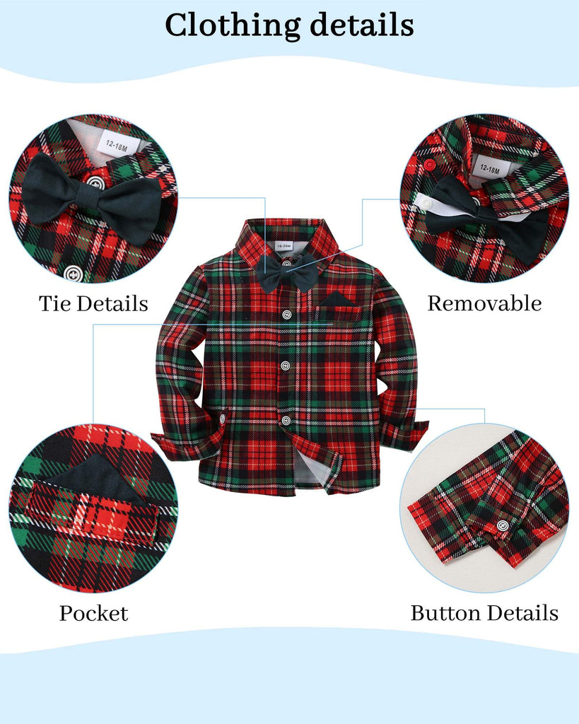 Toddler Boy Wedding Guest Outfit Short Sleeve Christmas Red Plaid Flower Dress Shirt Bow Tie Suspender Green Pants
