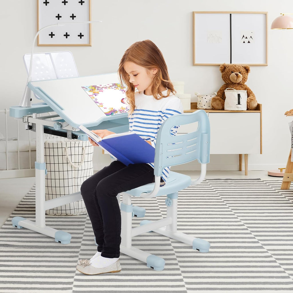 Kids Desk and Chair Set, Height Adjustable Children School Functional Study Desk with 55° Tiltable Desktop, 3 Modes &
