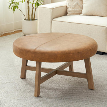 33 Inch Round Coffee Table, Leather Ottoman (Brown) | Upholstered Round Ottoman Easy to Assemble, Mid Century Modern