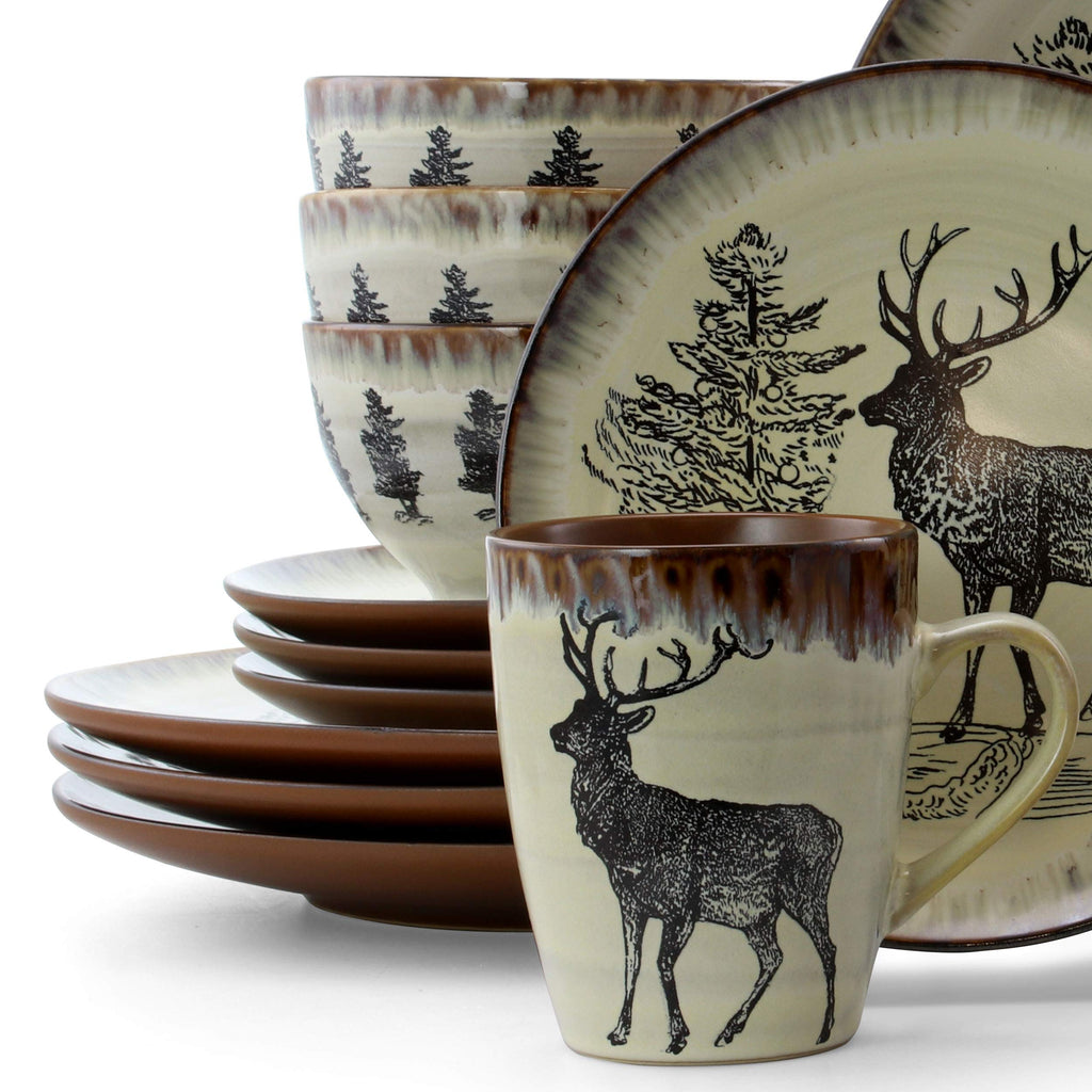Majestic Elk 16 Piece Round Stoneware Dinnerware Set in Taupe