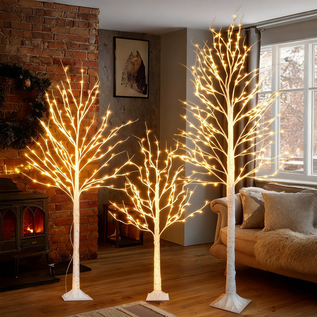 Set of 3 Lighted Birch Tree, 4FT 6FT 8FT White Artificial Christmas Tree with Total 456 LED Light, Prelit Waterproof