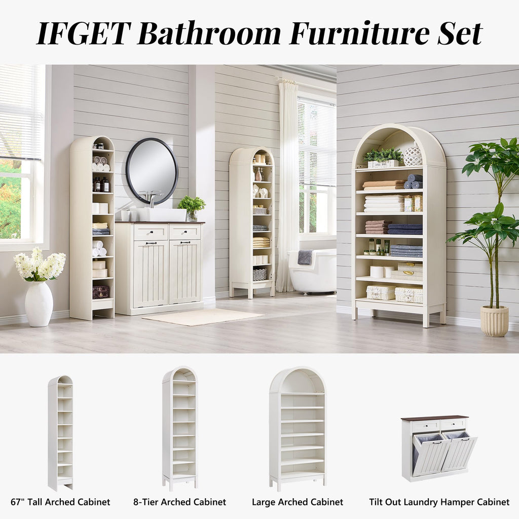 67" Tall Arched Shoe Storage Cabinet, 8 Tiers Shoe Rack-Antique White