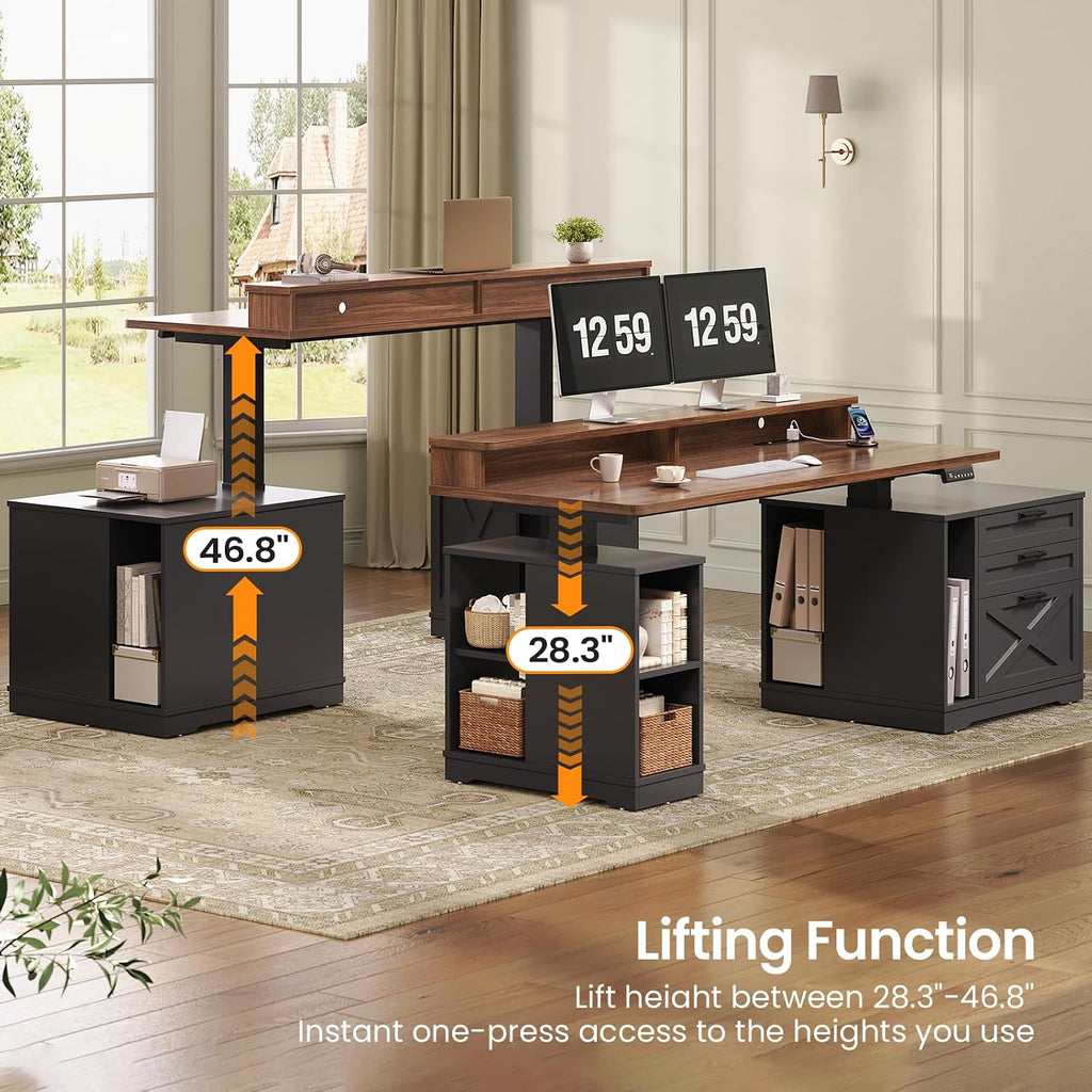 Farmhouse Electric Standing Desk with 3 Drawers and File Cabinet | 55" Height Adjustable Computer Desk with Storage