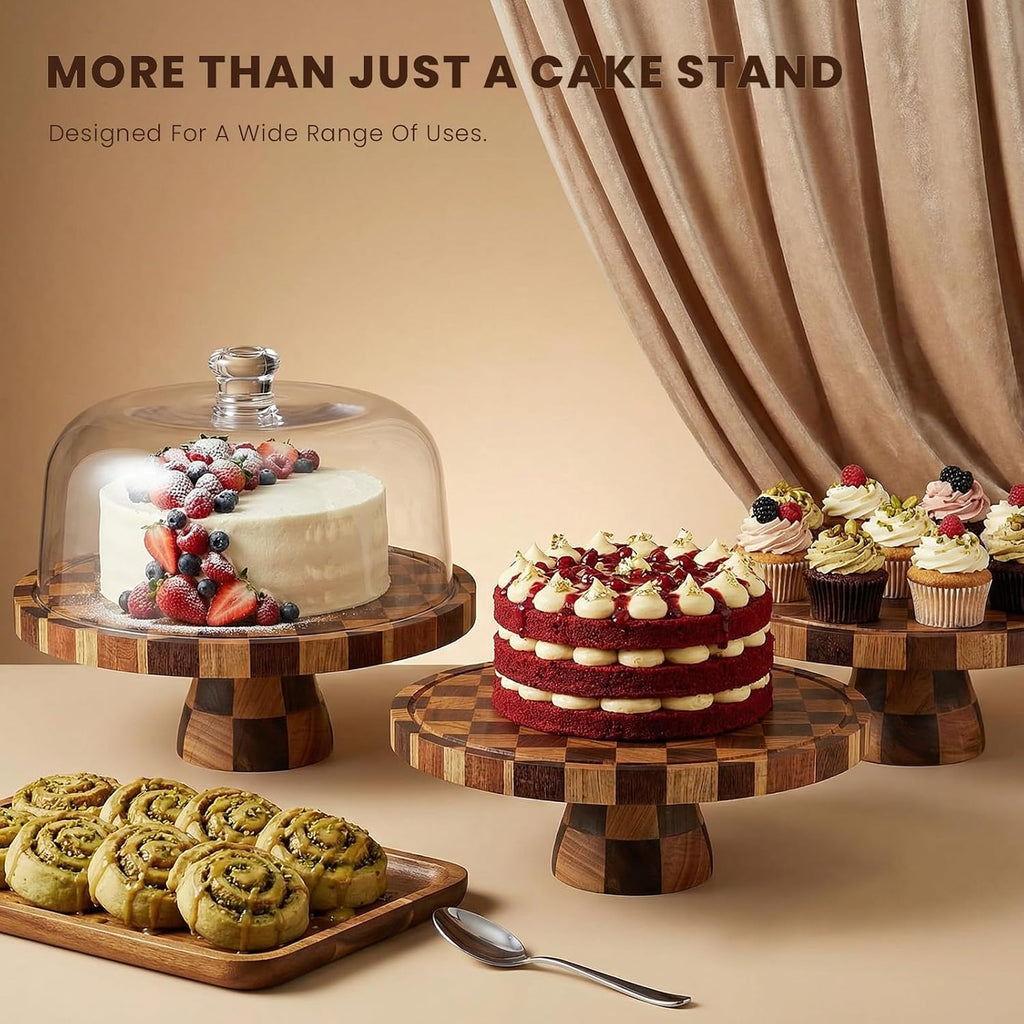 Cake Stand with Shatterproof Acrylic Dome, 12in Wooden Cake Stand