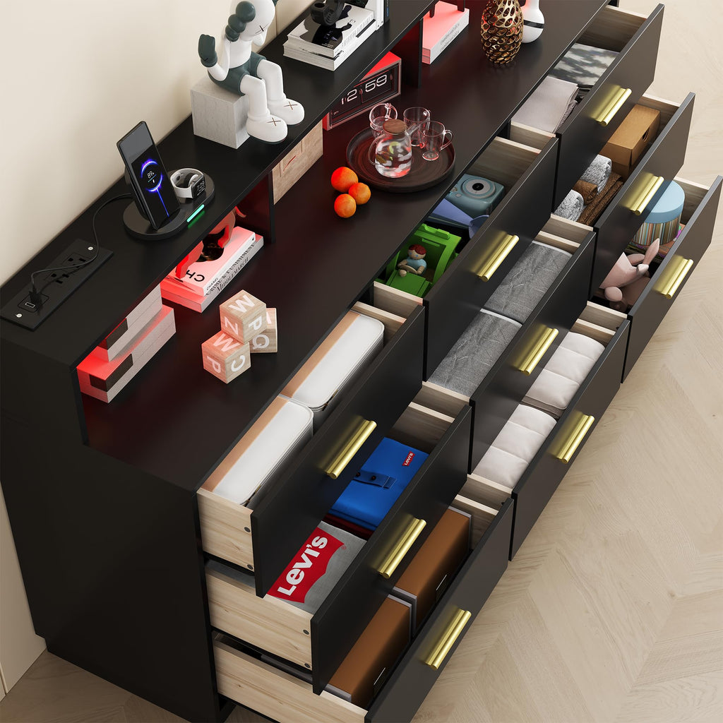 Black 9 Drawer Dressers, Modern Large Dresser with LED Light and Power Outlet, Wooden Long Dresser