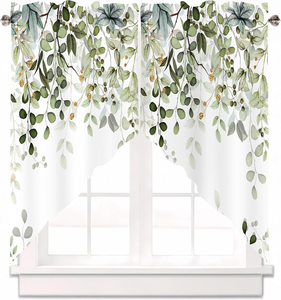 Sage Green Eucalyptus Swag Curtain Valance for Windows,Watercolor Leaves Window Treatments Short Swag Topper for Kitchen Windows Bathroom Bedroom,28 x 36 Inch, 1 Pair