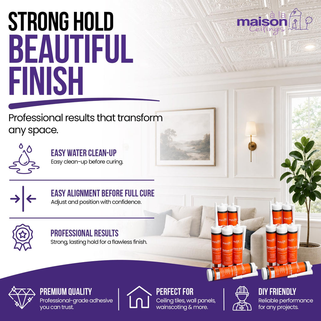Instant Grab - Ceiling Tile Wall Panel & Crown Molding Adhesive - High-Strength Water-Resistant Glue for